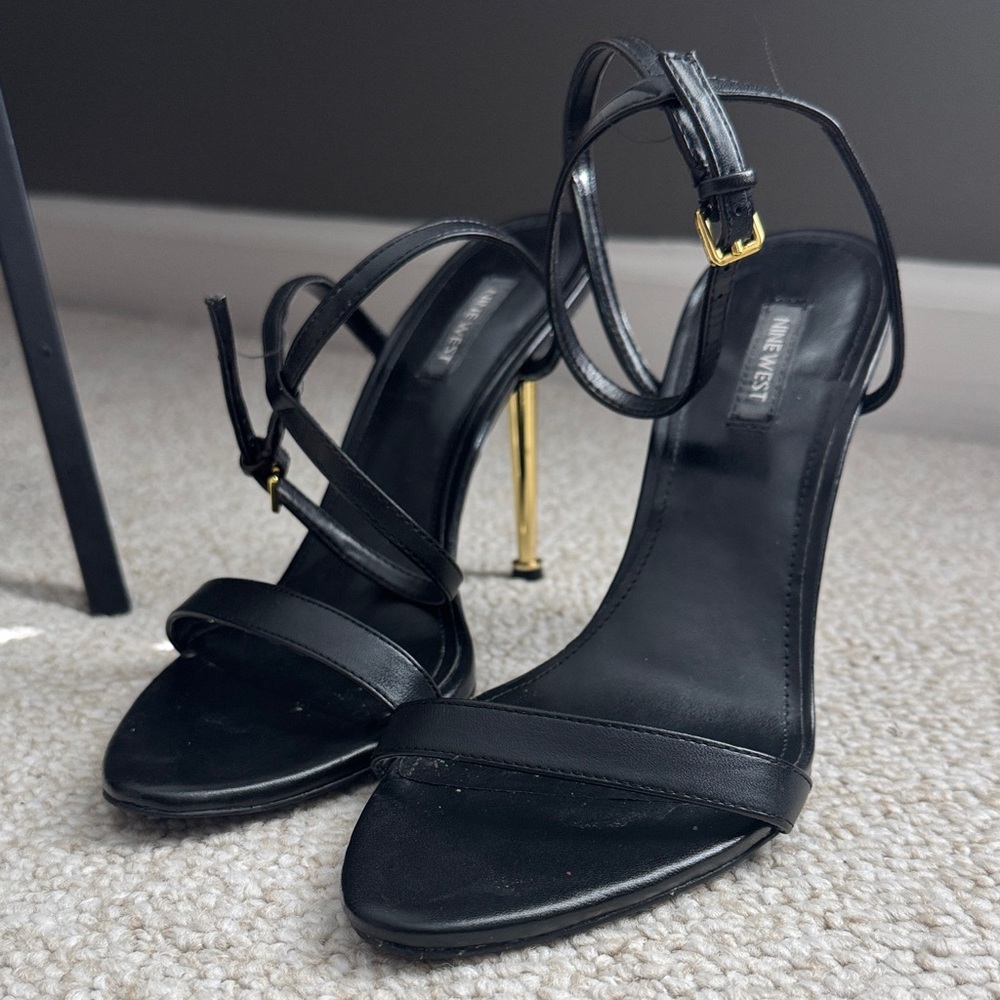 Nine West Black Strappy Gold-Stiletto Sandals